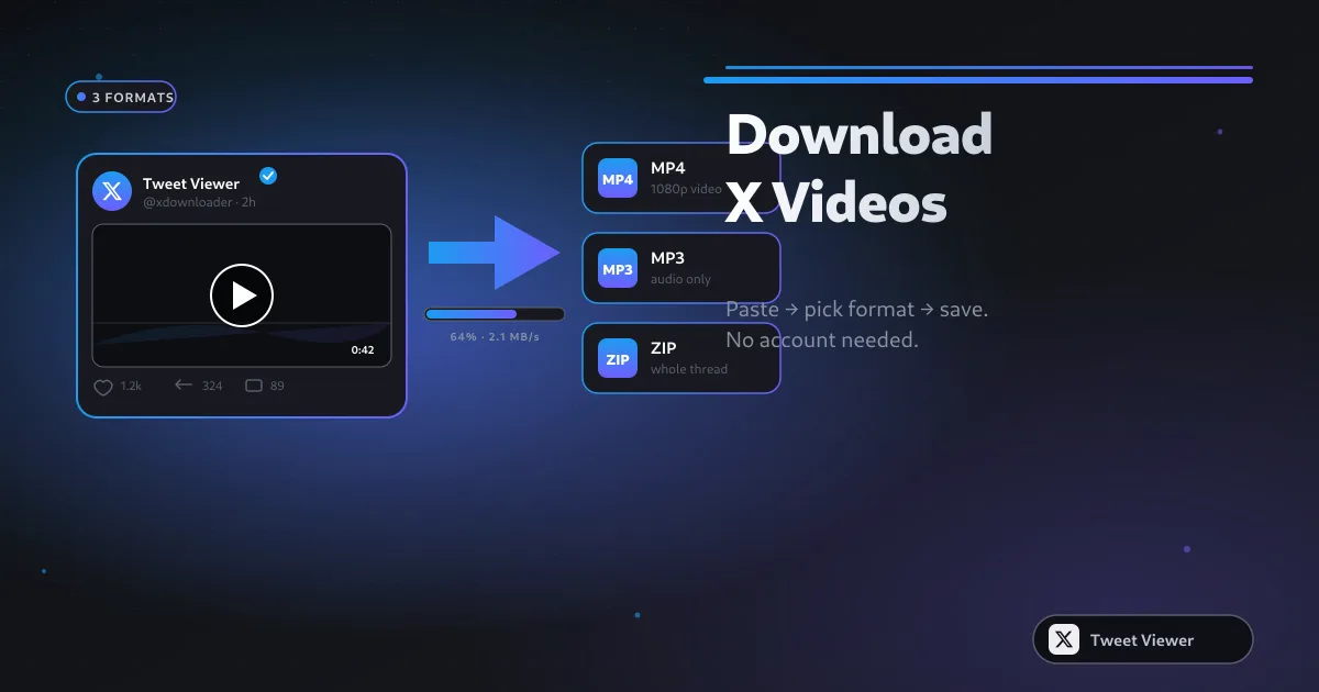 Tweet Viewer Twitter video downloader demo showing a pasted X post link and HD MP4 download workflow
